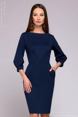 Платье темно-синее длины мини с пышными рукавами