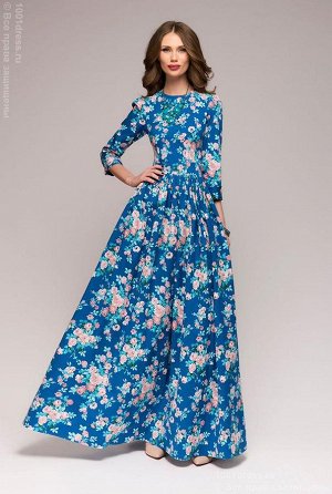 Платье синее длины макси с крупным цветочным принтом