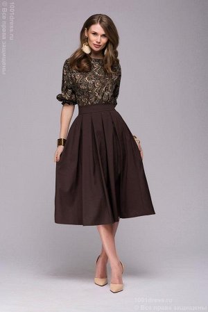 Темно-коричневое платье длины миди с принтованным верхом и рукавом "летучая мышь"