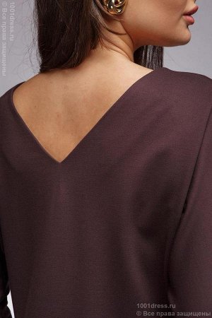 Платье шоколадного цвета длины миди с V-образным вырезом на спинке и молниями на рукавах