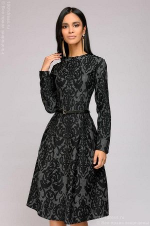 Платье серое длины миди с черным орнаментом и длинными рукавами