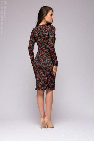 Платье-футляр черное с цветочным принтом и длинными рукавами