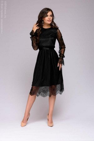 Платье черное кружевное длины миди с длинными рукавами