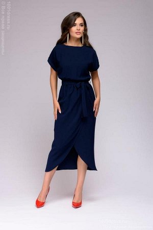 Платье темно-синее длины миди с запахом на юбке и короткими рукавами