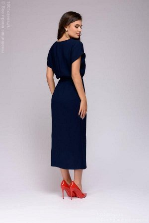 Платье темно-синее длины миди с запахом на юбке и короткими рукавами