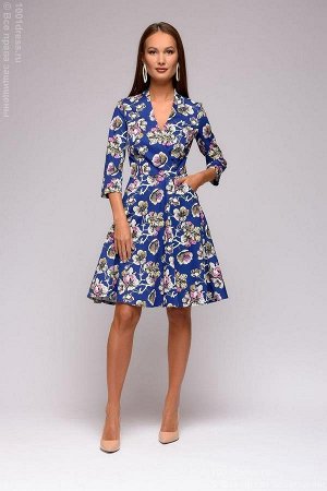 Платье темно-синее длины мини с цветочным принтом и имитацией запаха