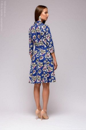Платье темно-синее длины мини с цветочным принтом и имитацией запаха