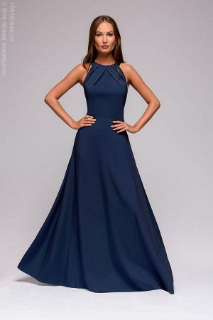Платье темно-синее длины макси без рукавов с защипами на горловине