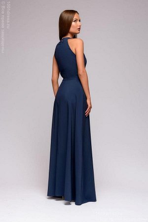 Платье темно-синее длины макси без рукавов с защипами на горловине