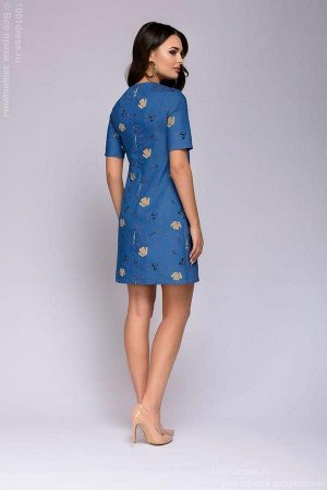 Платье синее длины мини с принтом и короткими рукавами