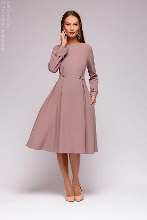 Платье цвета пыльной розы длины миди с отделкой пояса и рукавов