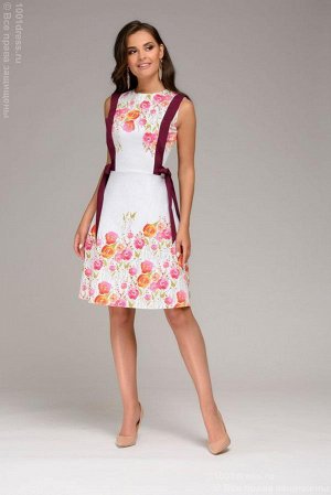 Платье белое длины мини с цветочным принтом и бантиками на талии