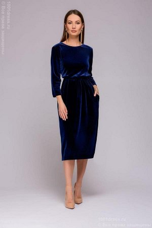 Платье темно-синее бархатное длины миди с карманами