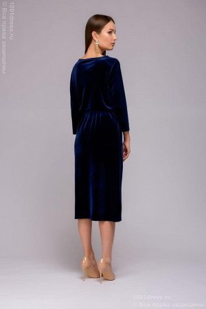 Платье темно-синее бархатное длины миди с карманами