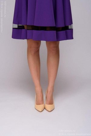 Платье фиолетовое длины мини со вставками из сетки и рукавами 3/4