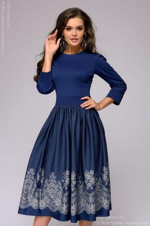 Платье длины миди с темно-синим верхом и юбкой с имитацией кружева