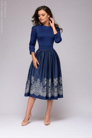 Платье длины миди с темно-синим верхом и юбкой с имитацией кружева