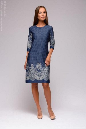 Платье синее длины мини с имитацией кружева на подоле и рукавах