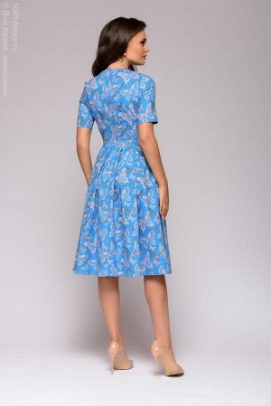 Платье голубое длины миди с принтом "бабочки" и короткими рукавами