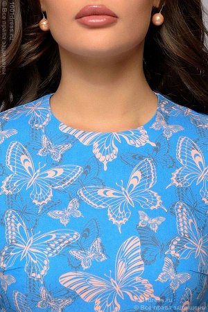 Платье голубое длины миди с принтом "бабочки" и короткими рукавами