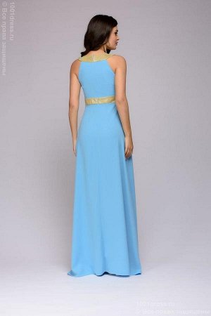 Платье голубое без рукавов длины макси с золотистой отделкой
