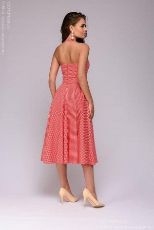 Платье-бюстье красное длины миди в мелкий горошек