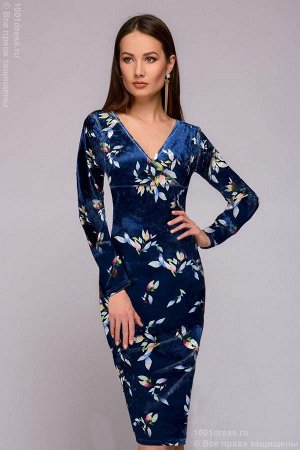 Платье-футляр бархатное темно-синее с принтом и длинными рукавами
