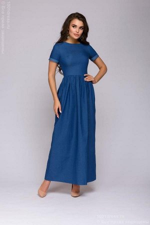 Синее джинсовое платье длины макси с короткими рукавами