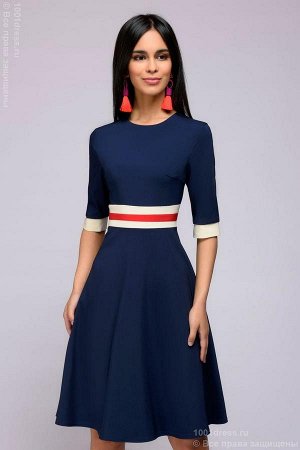 Платье синее длины мини с цветным поясом и манжетами