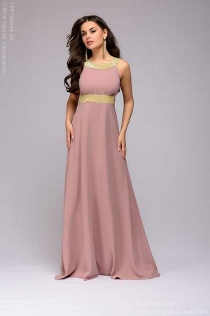 Платье цвета пыльной розы без рукавов длины макси с золотистой отделкой