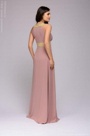 Платье цвета пыльной розы без рукавов длины макси с золотистой отделкой