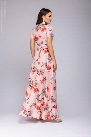 Платье нежно-розовое длины макси с принтом и рукавом &quot;фонарик&quot;
