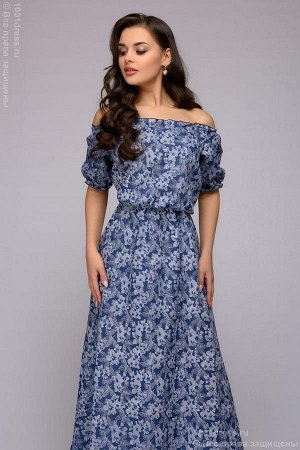 Платье темно-синее с принтом длины макси с воланом по подолу