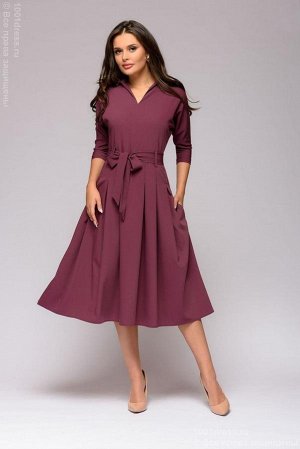 Платье цвета сливового вина длины миди с отложным воротником и рукавами "летучая мышь"
