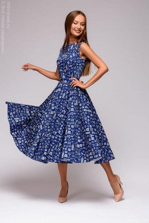 Платье темно-синее с принтом длины миди в стиле ретро