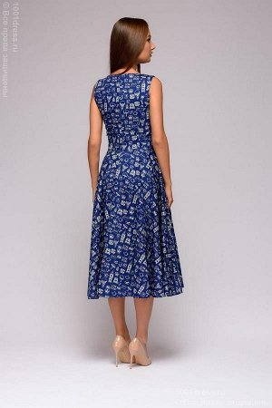 Платье темно-синее с принтом длины миди в стиле ретро