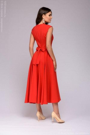 Платье красное без рукавов с черной вставкой из сетки