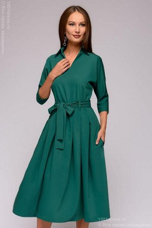 Платье зеленое длины миди с отложным воротником и рукавами "летучая мышь"