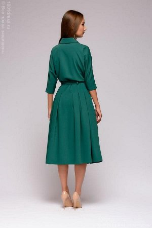 Платье зеленое длины миди с отложным воротником и рукавами "летучая мышь"