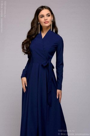 Платье темно-синее длины макси с запахом и длинными рукавами