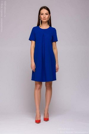 Платье синее оригинального кроя длины мини с короткими рукавами