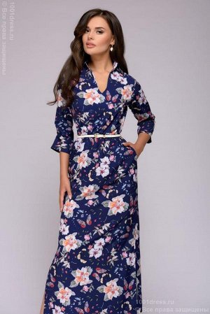 Платье темно-синее длины макси с цветочным принтом и разрезами по бокам