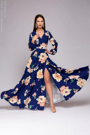 Платье темно-синее длины макси с крупным цветочным принтом