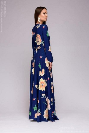 Платье темно-синее длины макси с крупным цветочным принтом
