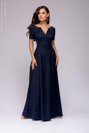 Вечернее темно-синее платье с вырезом на груди и короткими рукавами