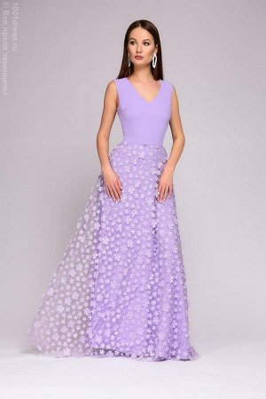 Платье лиловое длины макси с объемными цветами на юбке