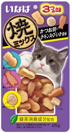 Лакомство INABA Yakimiksu для кошек Снеки со вкусом Кацуобуси, куриного бульона и кальмара 25гр