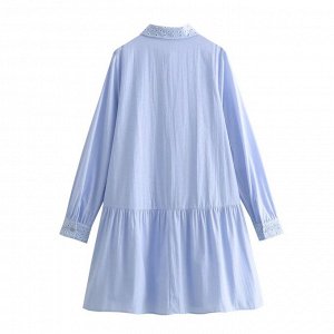 Платье-рубашка с длинными рукавами и перфорацией, синий