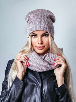 Вязаный (весна/осень) комплект с пайетками(шапка+восьмёрка) «Юлия» (св.пудра)