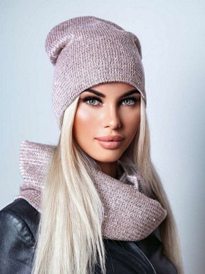 Вязаный (весна/осень) комплект с пайетками(шапка+восьмёрка) «Юлия» (св.пудра)